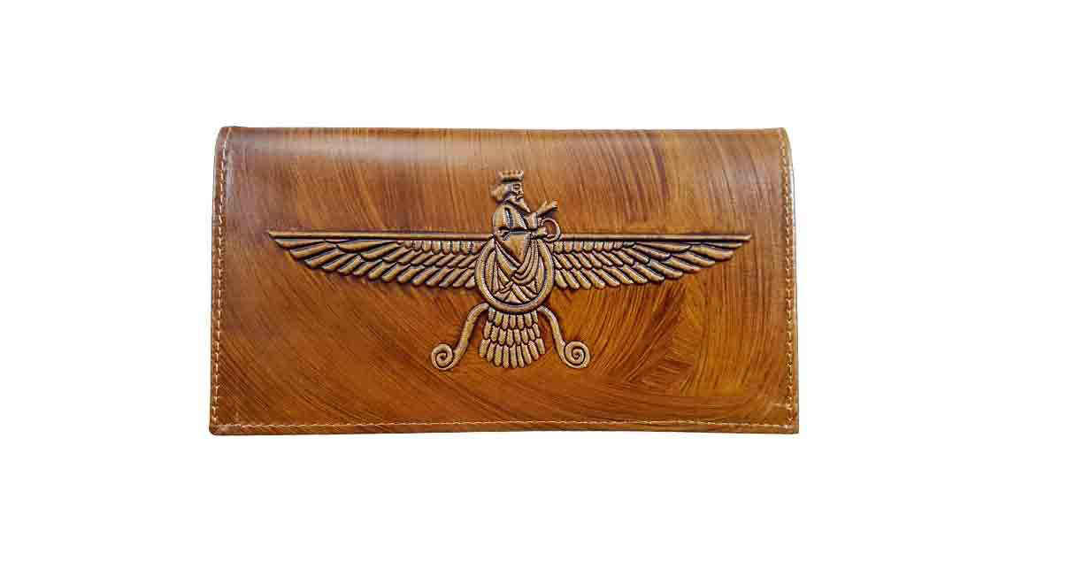 Portefeuille long en cuir persan pour hommes avec design Faravahar et Achéménide