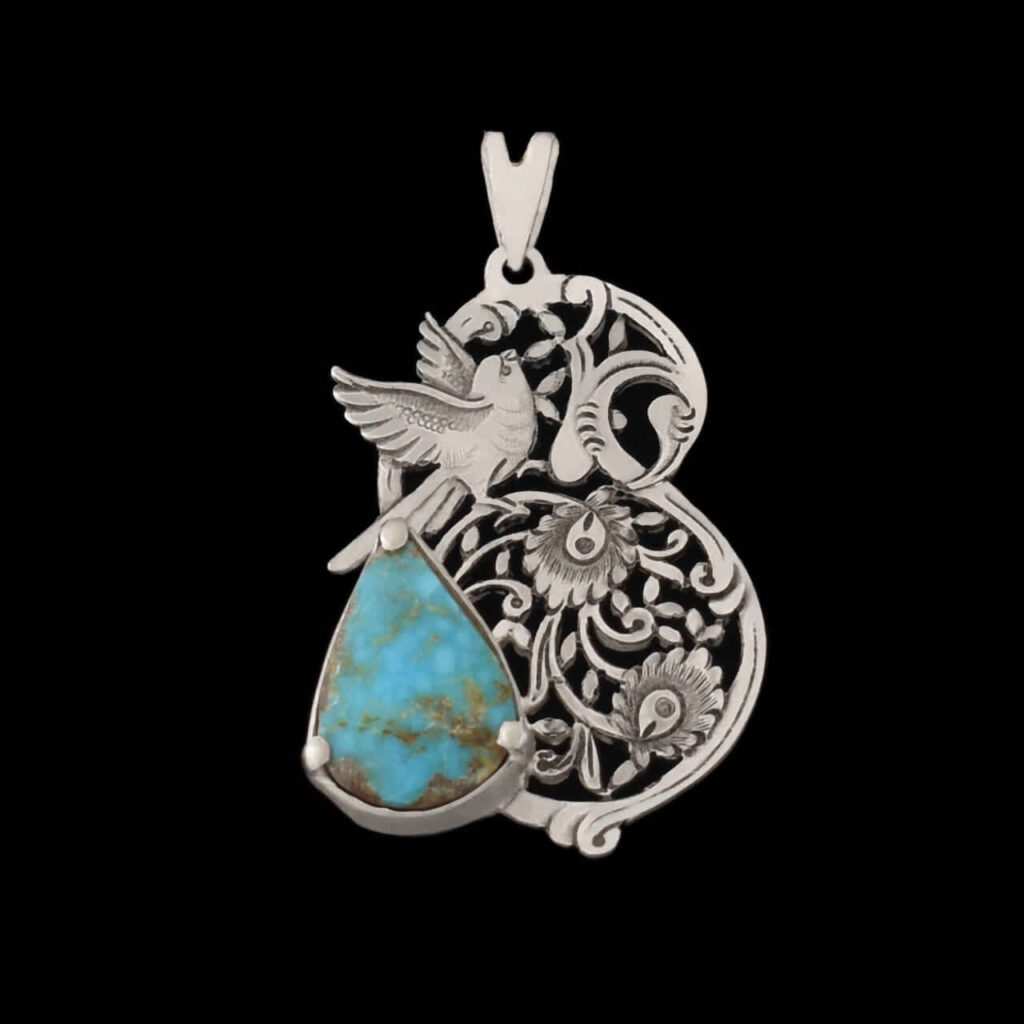 Pendentif en argent gravé persan avec pierre précieuse Turquoise
