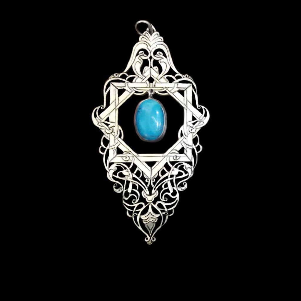 Pendentif en argent gravé persan avec pierre précieuse Turquoise Kermani