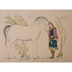Peinture d’art miniature persan originale : Aquarelle et gouache sur carton – Garçon et cheval