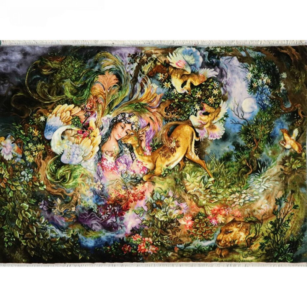 Tapis mural persan fait main de Tabriz représentant la miniature Dayereh Hasti