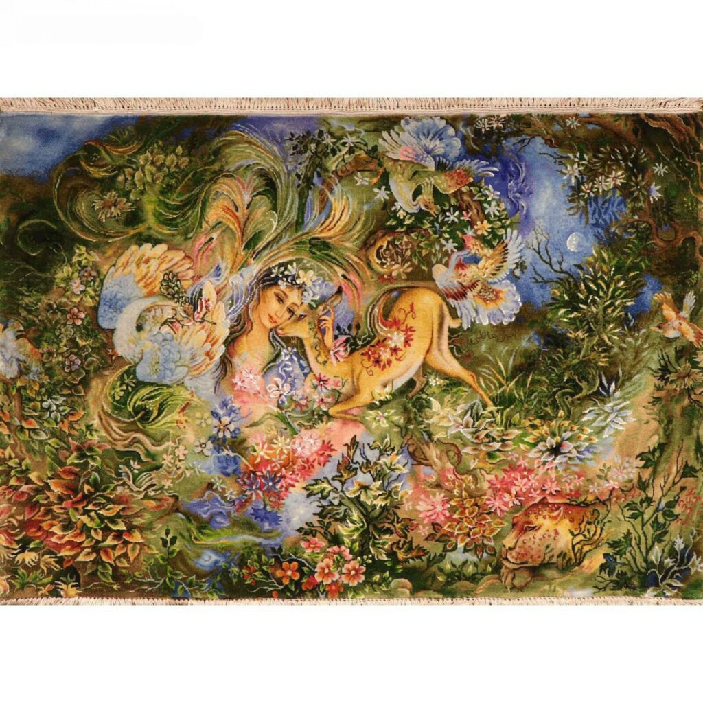 Tapis mural persan fait main de Tabriz représentant la miniature Dayereh Hasti