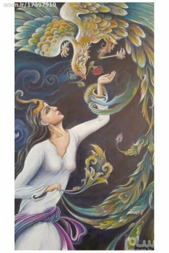 Peinture d’art miniature persan originale : Acrylique sur carton – Fille et phénix