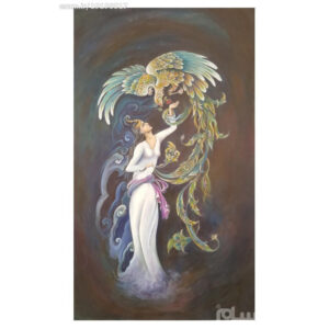 Peinture d’art miniature persan originale : Acrylique sur carton – Fille et phénix