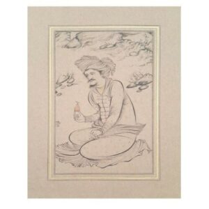 Peinture d’art safavide persan originale : Aquarelle et gouache sur carton – Printemps et Setar