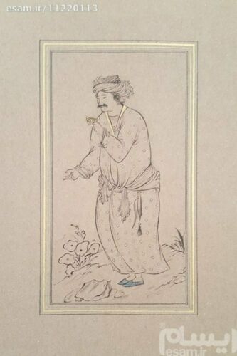 Peinture d’art safavide persan originale : Aquarelle et gouache sur carton – Printemps et Setar