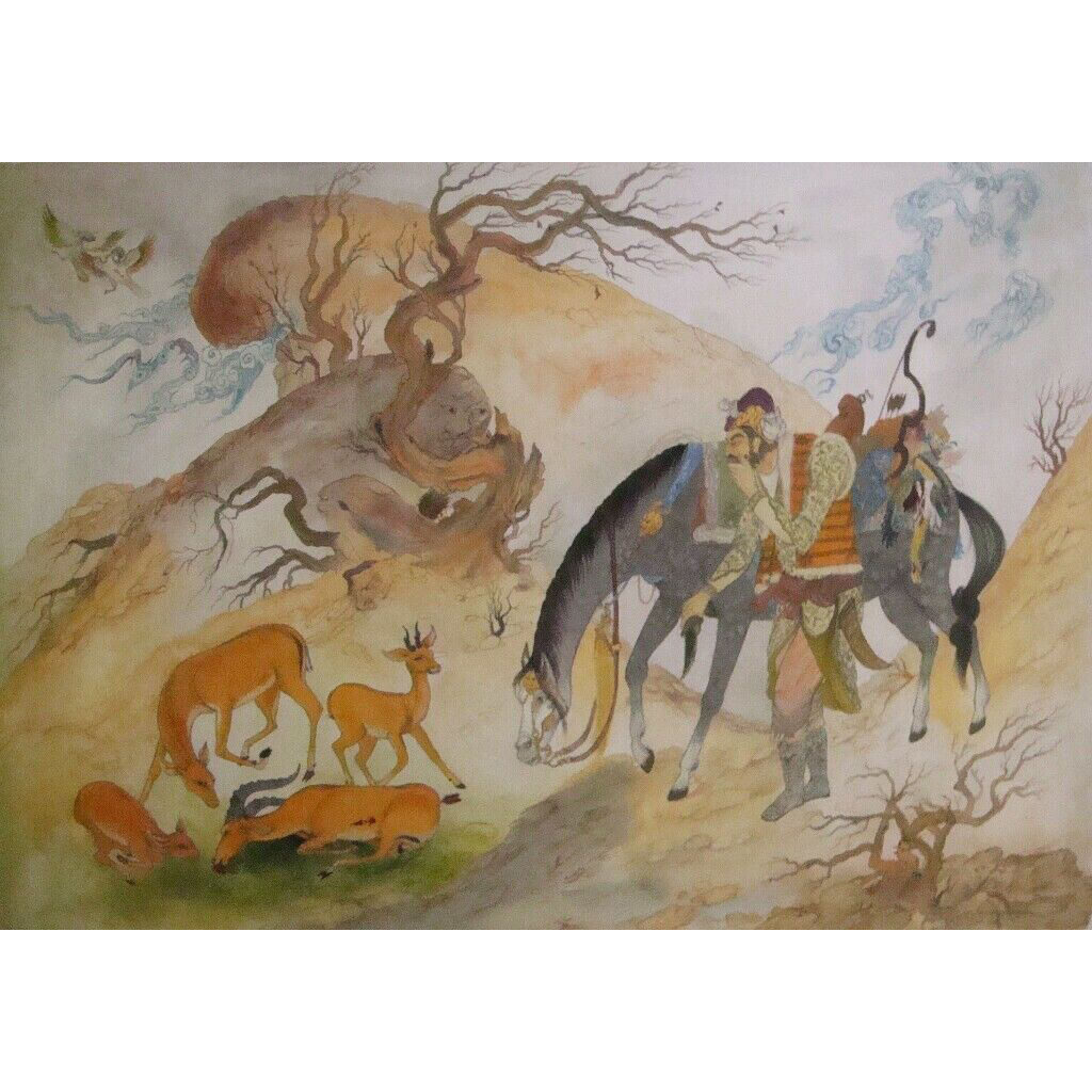 Peinture d'art safavide persan originale : Aquarelle et gouache sur carton – Oshagh