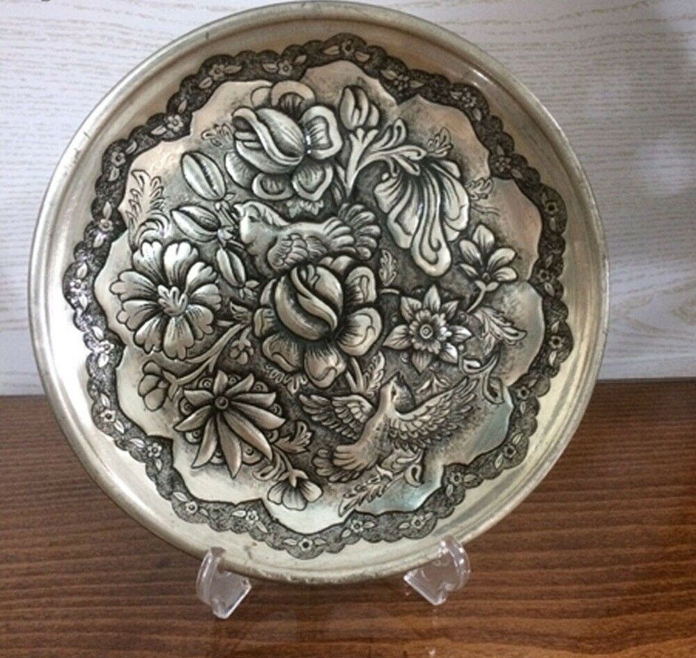 Assiette Décorative Persane en Cuivre Gravé Fleurs & Oiseaux