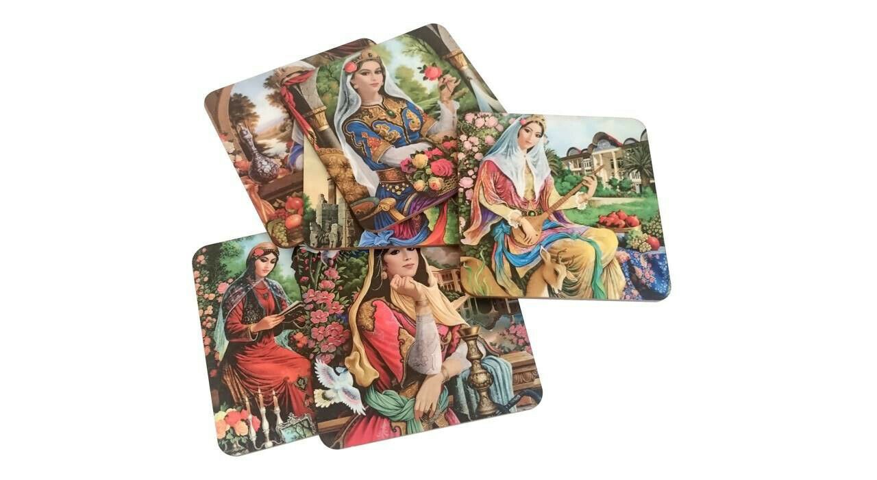 Ensemble de Dessous de Verre avec Motif Artistique d’Inspiration Persane Miniature