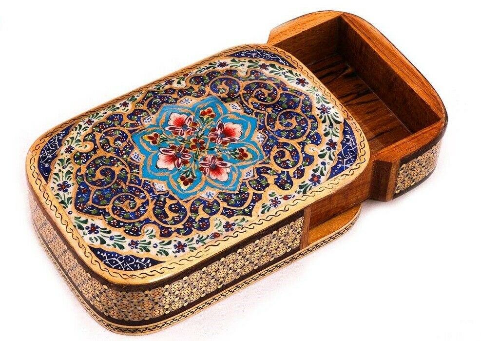 Boîte à Cartes en Bois Persane – Khatam Émaillé Paradis