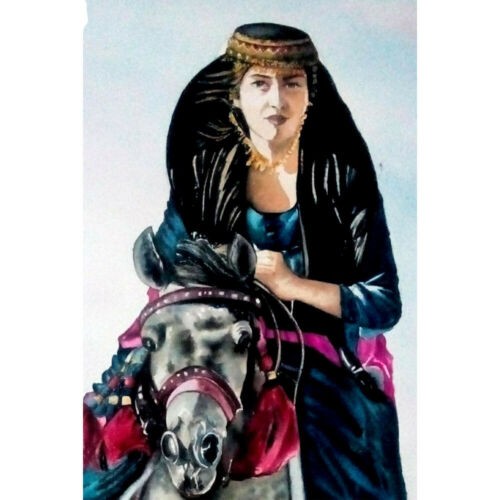 Peinture d’art réaliste originale : Aquarelle sur carton, fille kurde par Sahar Otufi