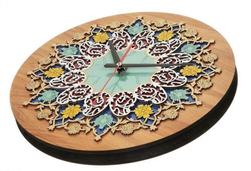 Horloge Murale en Bois Incrusté Persan avec Motif Floral