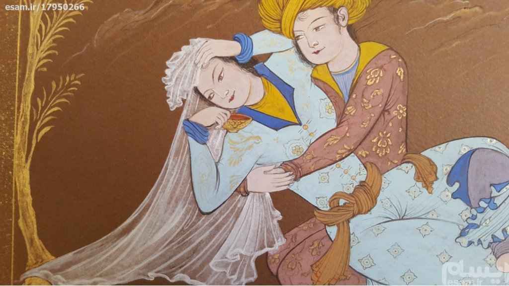 Peinture d’art safavide persan originale : Aquarelle et gouache sur carton – Layla et Majnoun