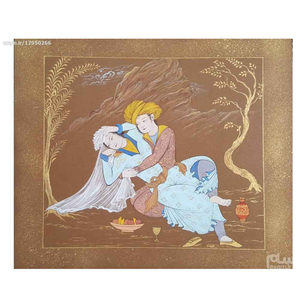 Peinture d'art safavide persan originale : Aquarelle et gouache sur carton – Layla et Majnoun