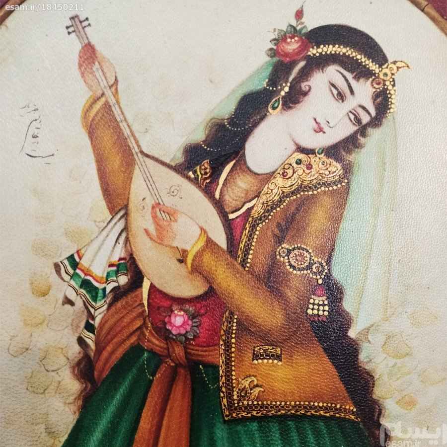 Peinture d’art safavide persan originale : Acrylique sur cuir – Khatoon