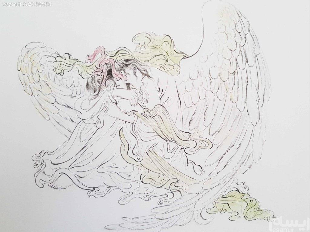 Peinture d’art miniature persan originale : Aquarelle – Ange au cœur brisé