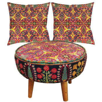 Tabouret et coussins en velours traditionnel inspirés de l’art persan