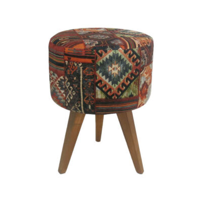 Pouf persan traditionnel avec pieds en bois et tissu en velours géométrique
