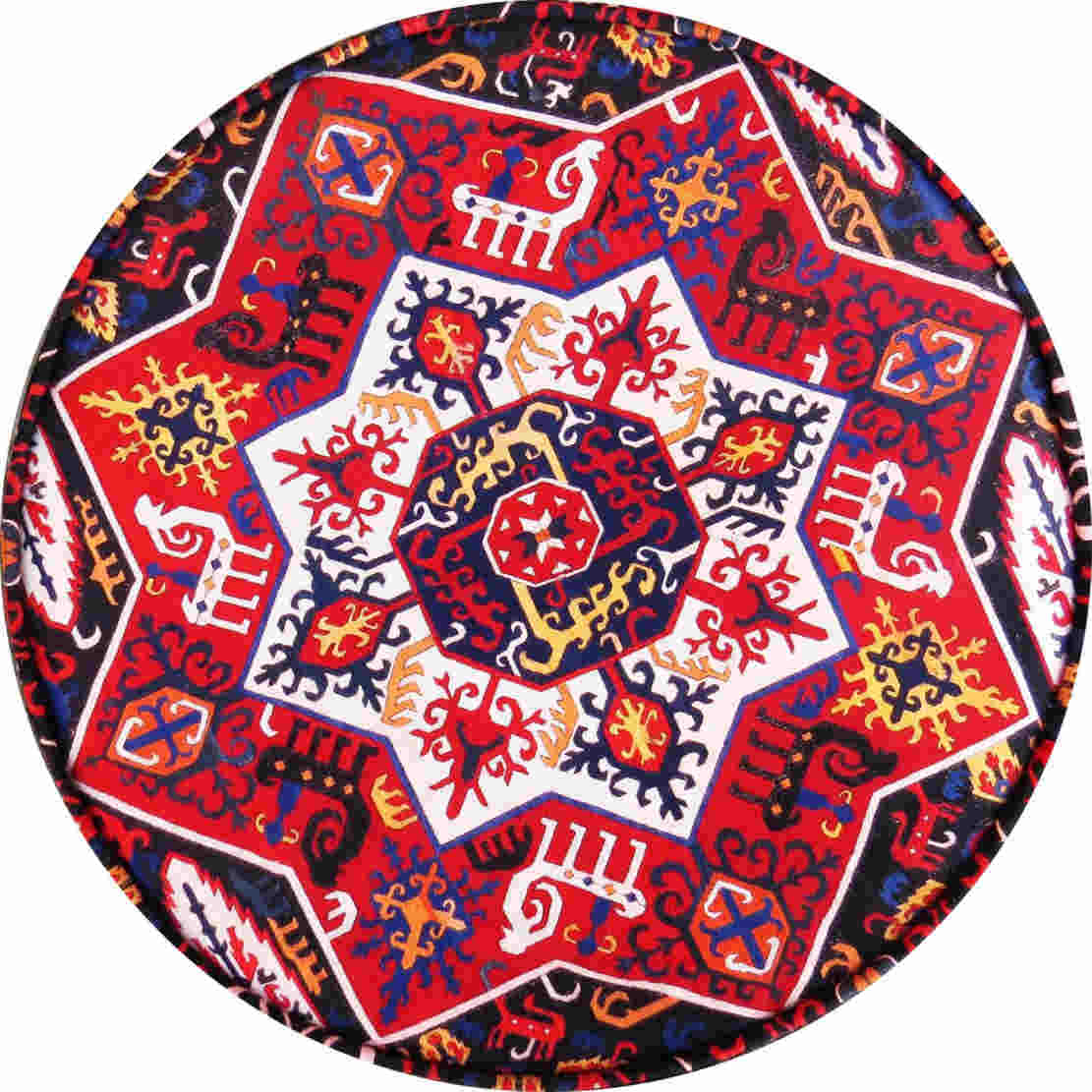 Pouf persan rouge traditionnel avec pieds en bois et tissu en velours rond Kl