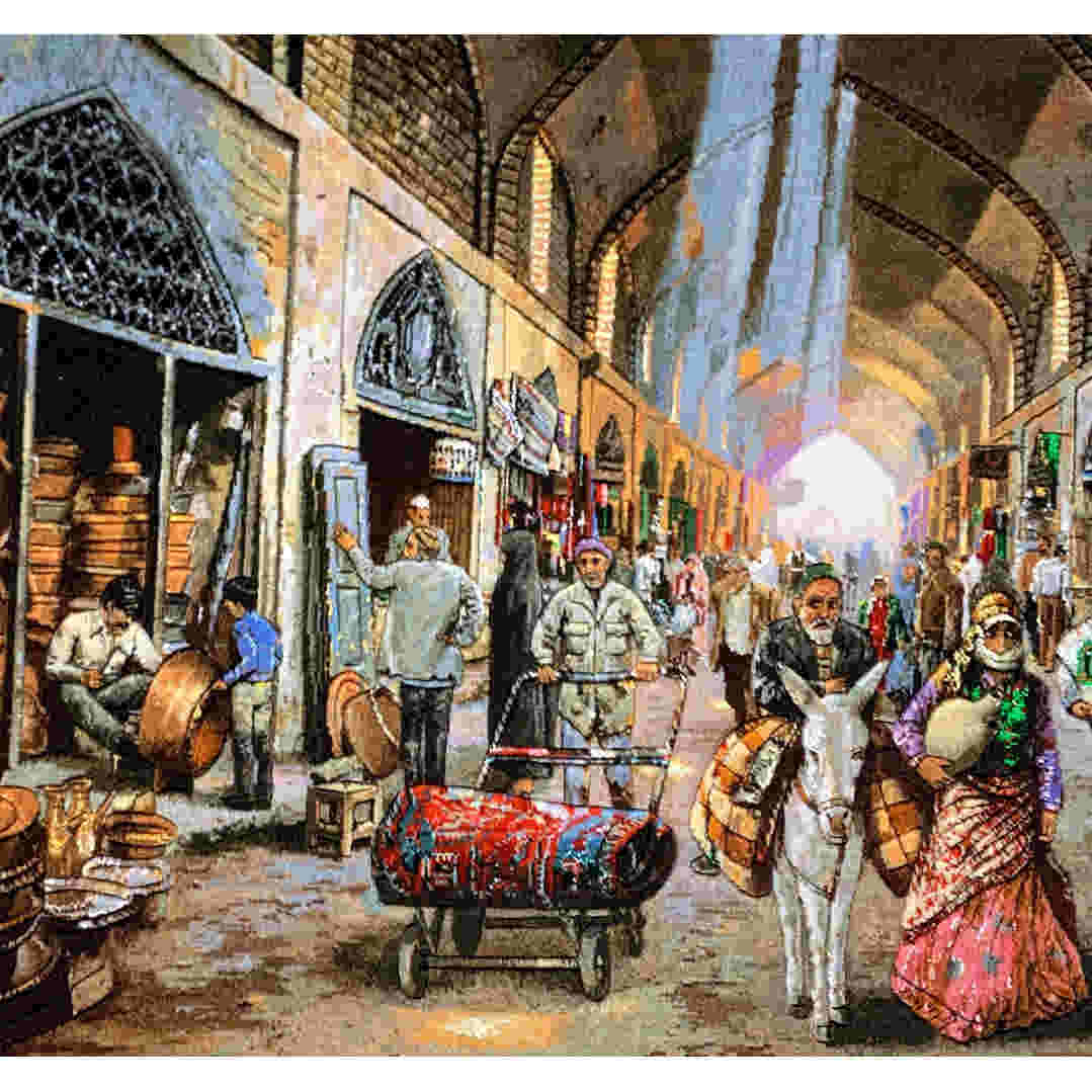 Tapis persan figuratif noué à la main de Tabriz représentant le bazar des chaudronniers