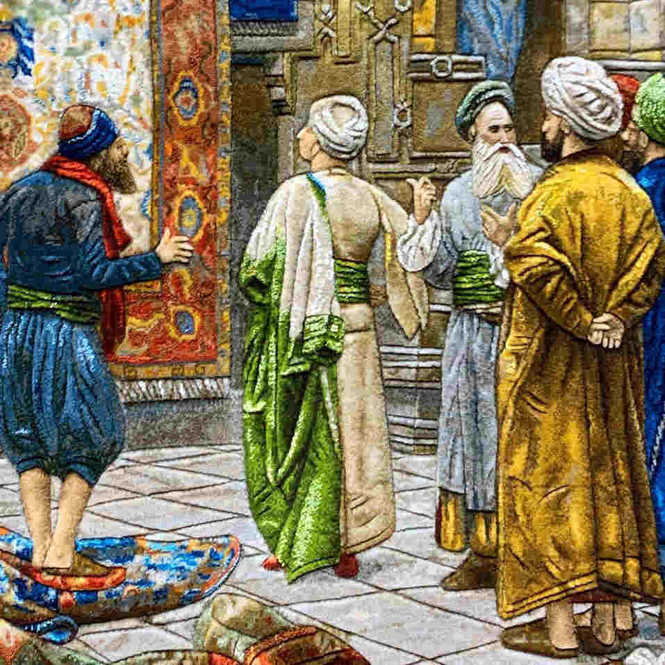 Tapis persan figuratif noué à la main de Tabriz représentant le bazar du Caire