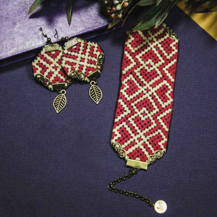 Set Bracelet et Boucles d'Ores Brodés Persan - Rouge