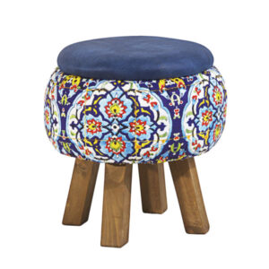 Pouf rond en velours bleu avec pieds en bois, inspiré de l’art persan