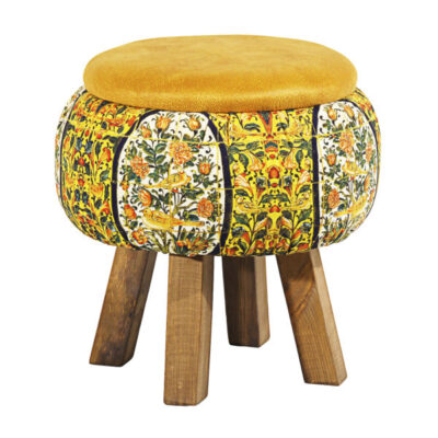 Pouf rond en velours avec pieds en bois inspiré de l&rsquo;art persan jaune
