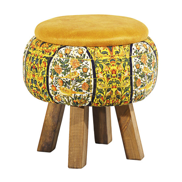 Pouf rond en velours avec pieds en bois inspiré de l'art persan jaune