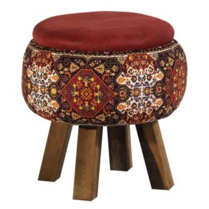 Pouf rond en velours avec pieds en bois inspiré de l’art persan rouge