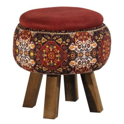Pouf rond en velours avec pieds en bois inspiré de l&rsquo;art persan rouge