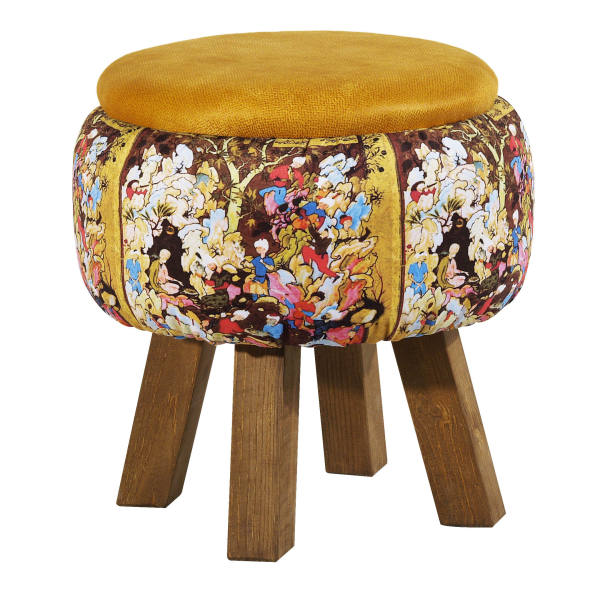 Pouf rond en velours avec pieds en bois inspiré de l'art persan jaune pictural