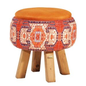 Pouf rond en velours avec pieds en bois inspiré de l’art persan orange