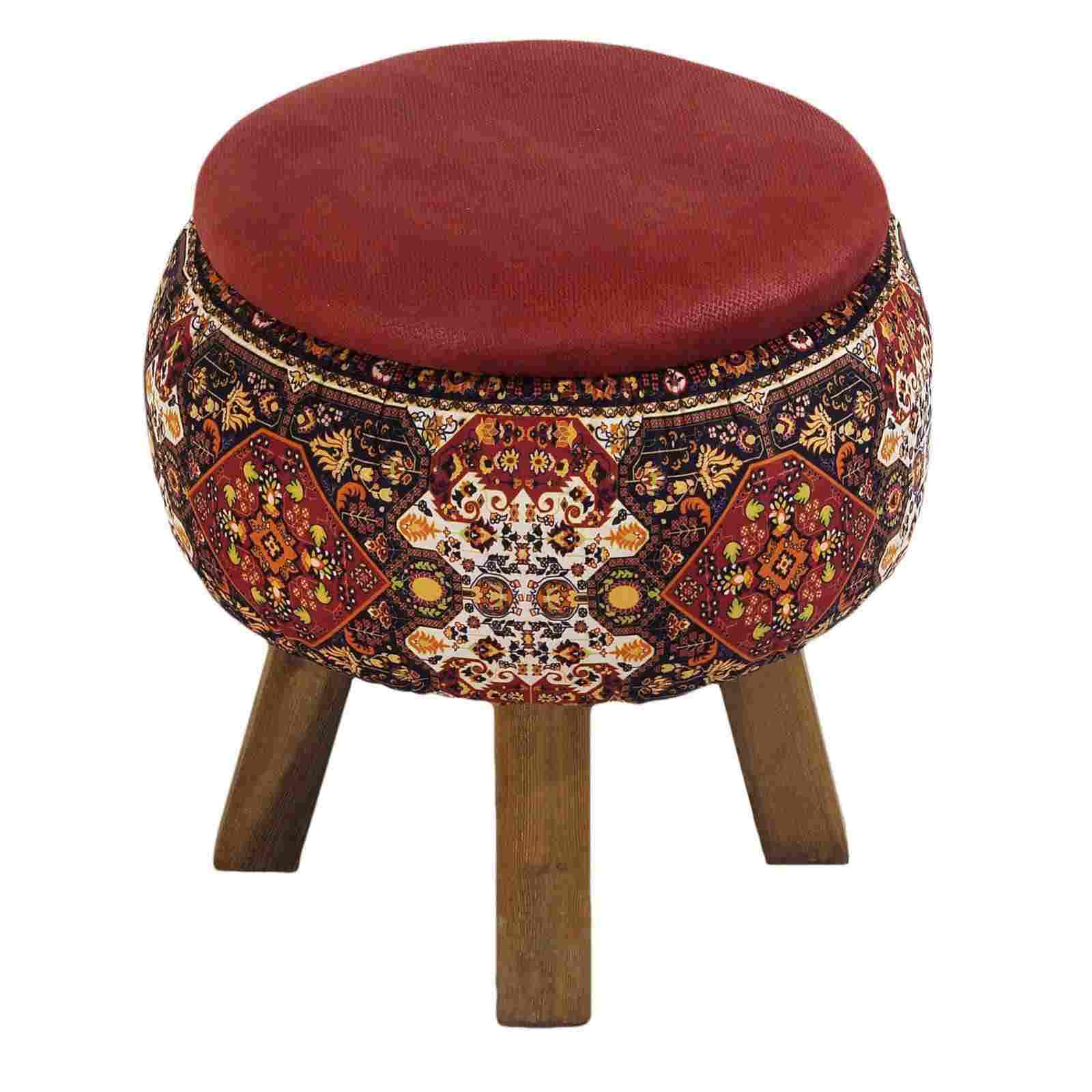 Pouf rond en velours avec pieds en bois inspiré de l’art persan rouge