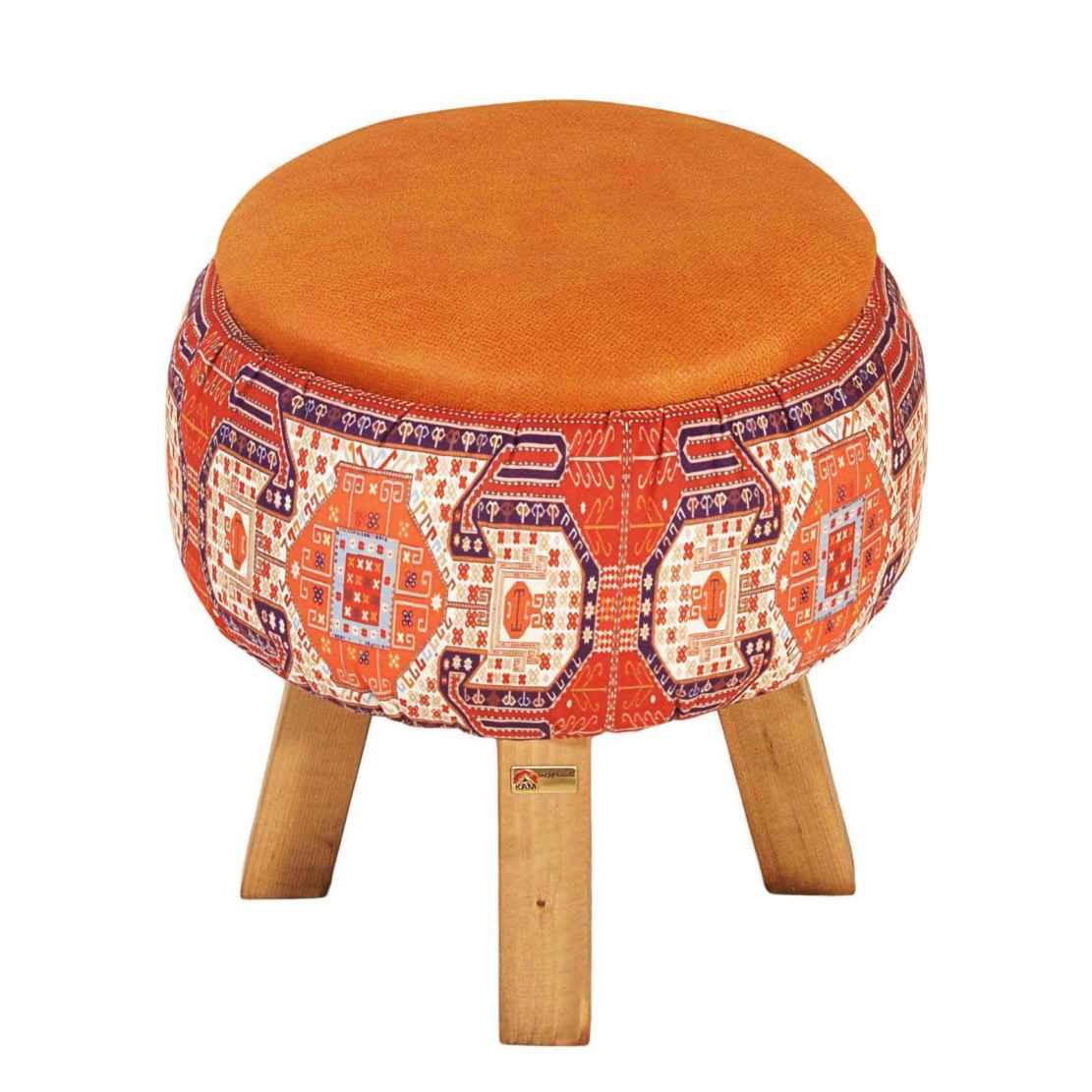 Pouf rond en velours avec pieds en bois inspiré de l’art persan orange