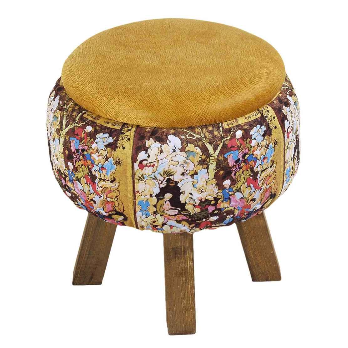 Pouf rond en velours avec pieds en bois inspiré de l’art persan jaune pictural
