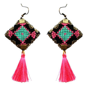 Persian Embroidered Earrings Balochi Traditional Tassel Suzani Pink