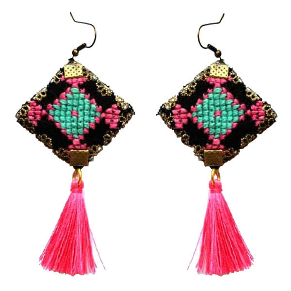Persian Embroidered Earrings Balochi Traditional Tassel Suzani Pink