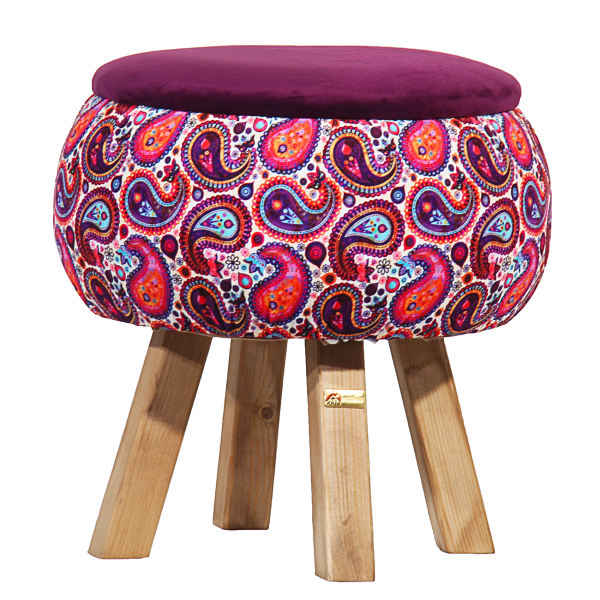 Pouf rond en velours inspiré de l'art persan fleurs roses