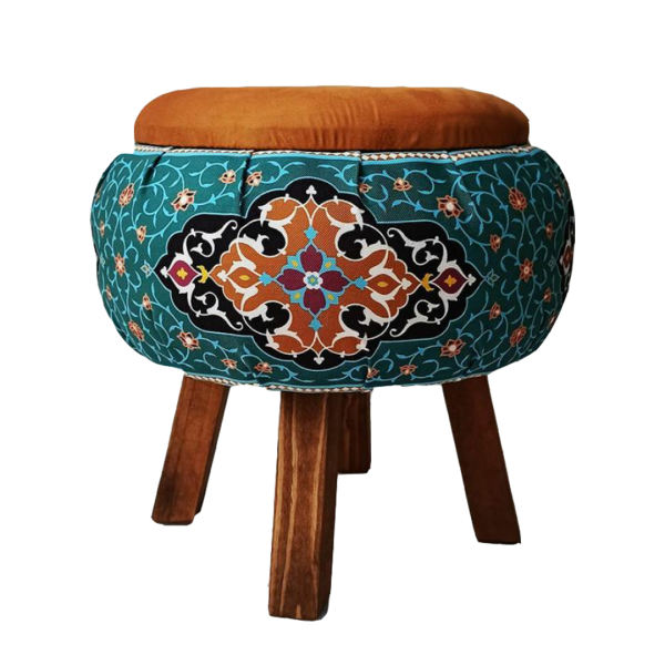 Pouf rond en velours inspiré de l'art persan fleurs vertes