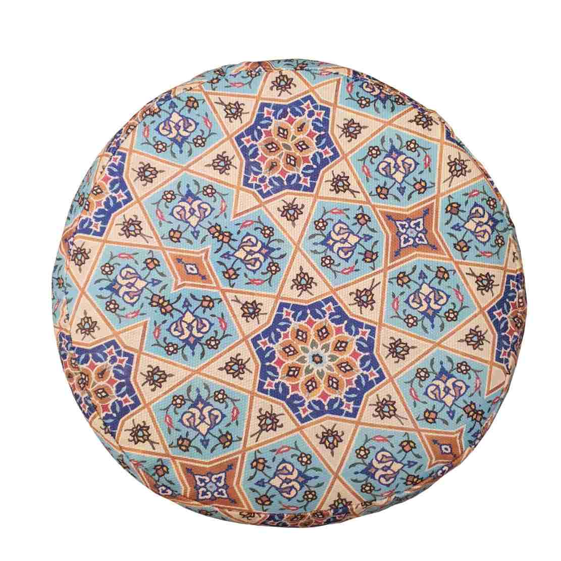 Pouf rond en velours inspiré de l’art persan bleu géométrique