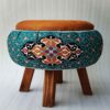Pouf rond en velours inspiré de l'art persan fleurs vertes