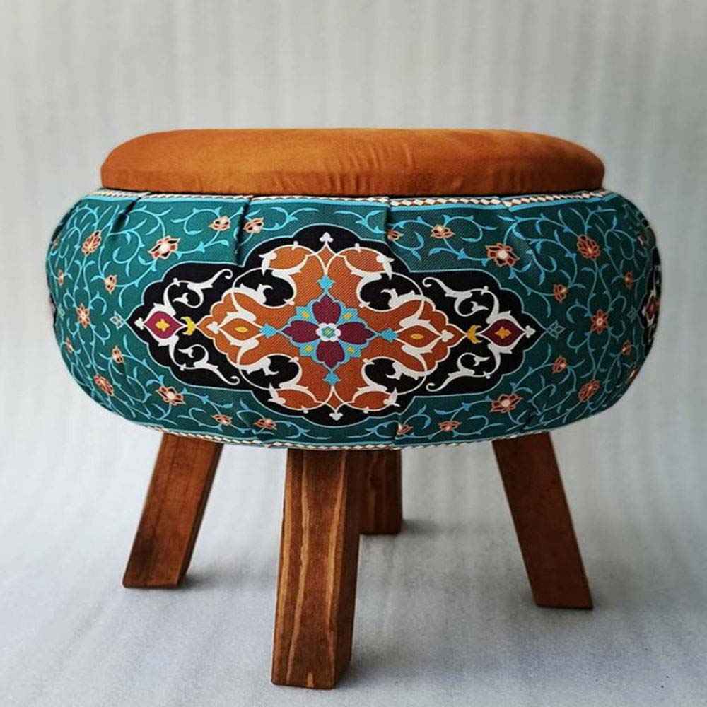 Pouf rond en velours inspiré de l’art persan fleurs vertes