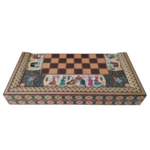 Plateau d’Échecs en Bois Marqueterie Incrusté Persan avec Design de Peinture Miniature Inspirée