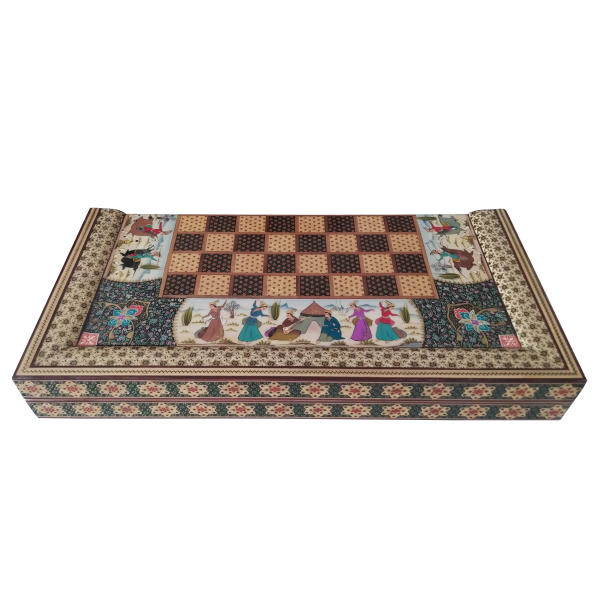 Plateau d'Échecs en Bois Marqueterie Incrusté Persan avec Design de Peinture Miniature Inspirée