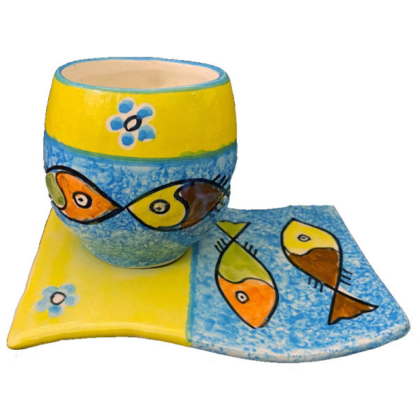Tasse en poterie artistique - Décorative avec sous-verre, modèle Poisson