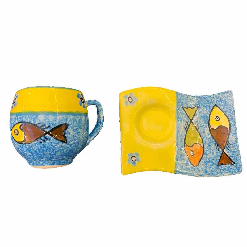 Tasse en poterie artistique – Décorative avec sous-verre, modèle Poisson