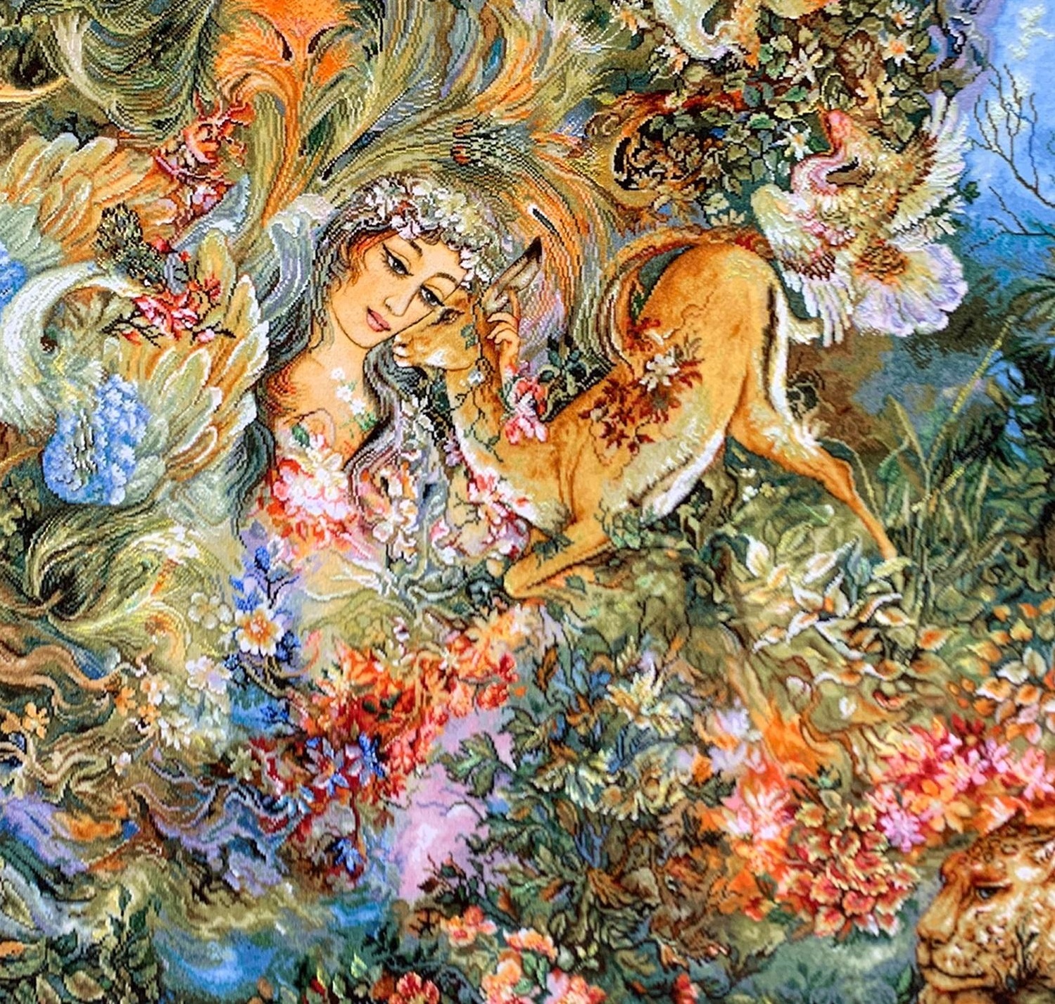 Tapis mural persan fait main de Tabriz représentant la miniature Cycle of Life