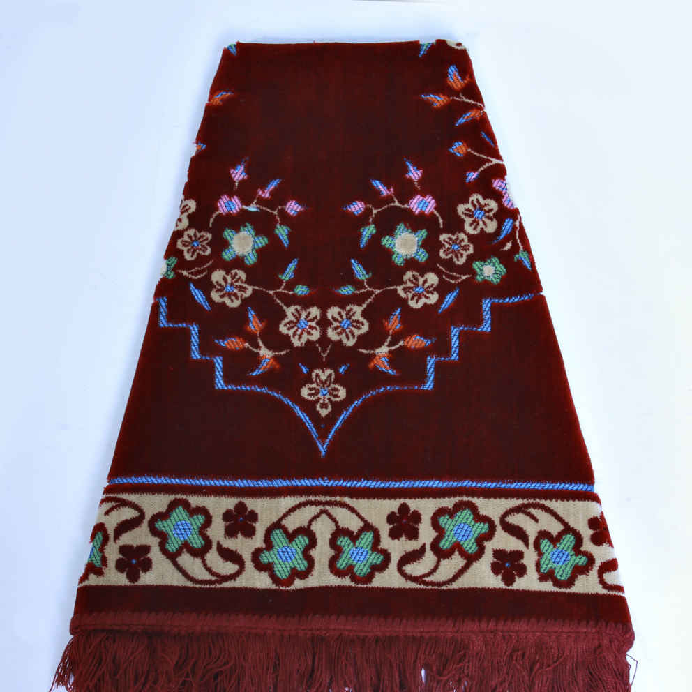 Tapis de Prière Islamique Rembourré en Velours Rouge avec Motif Floral pour Musulmans