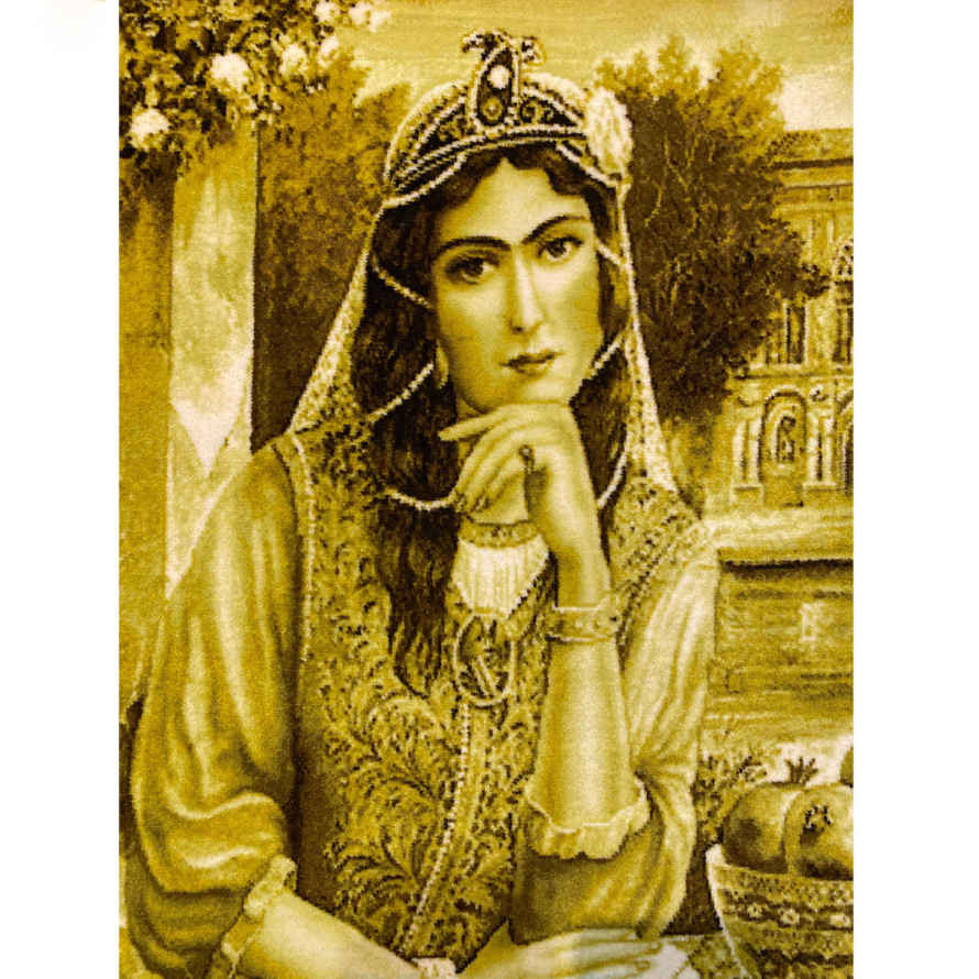 Tapis persan figuratif noué à la main de Tabriz représentant une fille qajare